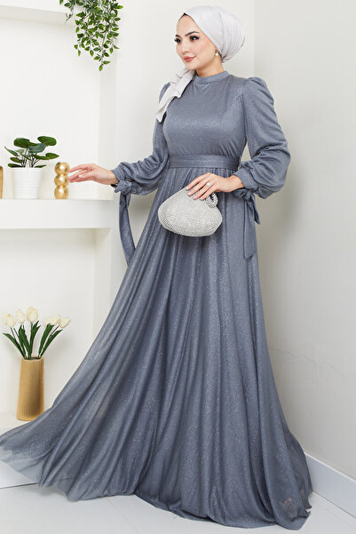 Feiza Collection Simli Tesettür Abiye Elbise Gri