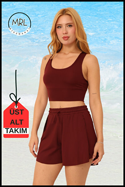 missmaral Women's Burgundy Two-Layer Sports Swimsuit Set – Fixed Pad Top, Elastic Waist Shorts with Pockets