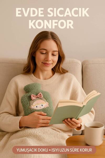 TOYFEST Yeşil Peluş Sıcak Su Torbası – Yumuşak, Güvenli ve Şık Saçlı Kız Model, 1 Litre