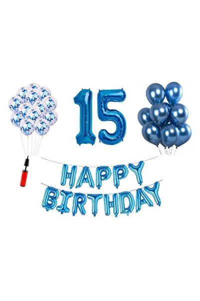 OEM Set of 36 balloons, Happy Birthday 15th anniversary, foil numbers 100 cm, blue