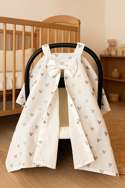 BeygeBaby %100 Pamuktan Mickey'li Poplin Kumaştan Mevsimlik Puset Örtüsü