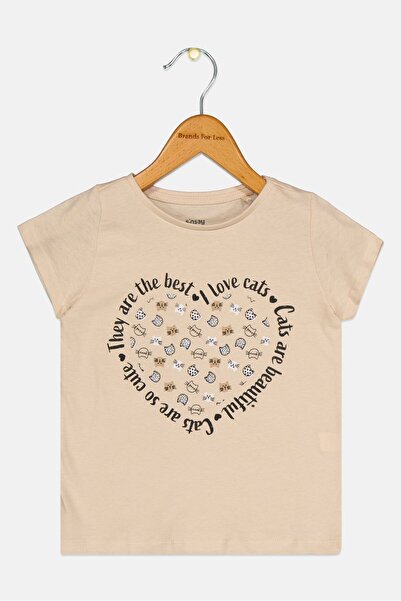 Sinsay Toddlers Girl Crew Neck Short Sleeve Graphic Print T-Shirt, Beige