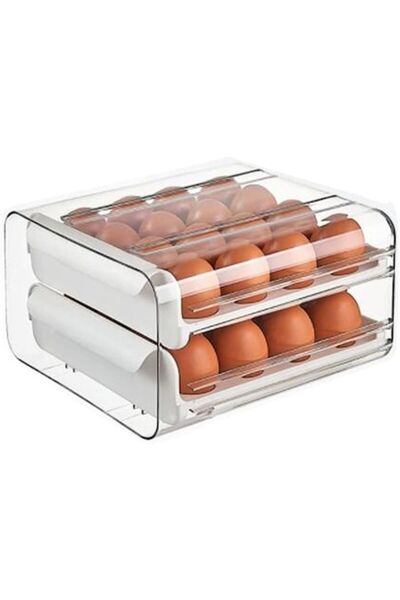 DAMUR Double-Layer Egg Holder, 32 Egg Capacity, 23.5x21.5 cm, Plastic, White