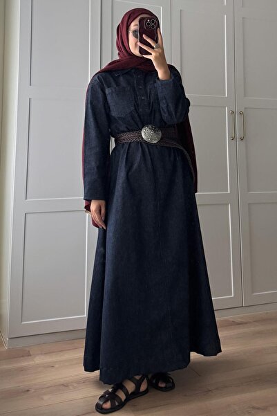 carell Şüheda'nın Tercihi Liz Uzun Denim Elbise Koyu Mavi