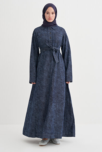 carell Liz Desenli Uzun Denim Elbise Koyu Mavi