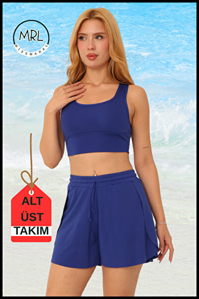 missmaral Costum de baie sport albastru cu două straturi pentru femei – Top cu pernă fixă, pantaloni scurți cu talie elastică cu buzunare