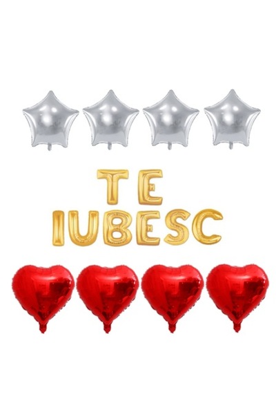 OEM Set 16 baloane folie „TE IUBESC” aurii, inimioare roșii, stele argintii
