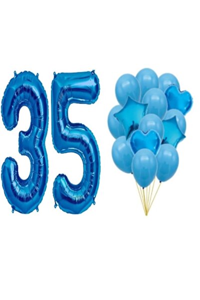 OEM Set 16 baloane albastre, aniversare 35 de ani, număr 98 cm, steluțe 45 cm...