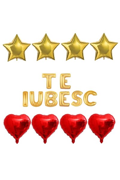 OEM Set of 16 foil balloons "TE IUBESC" gold with red hearts and gold stars
