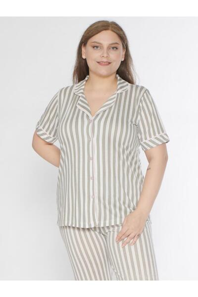 Alperi Boydan Buttoned Oversized Large Size Striped Short Sleeve Pajama Set B...