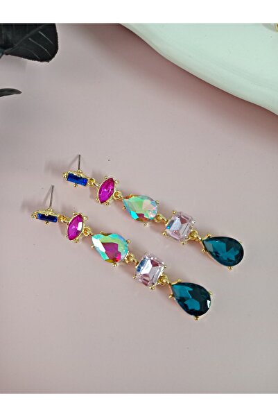 mos&more Purple Detailed Crystal Stone Dangle Earrings