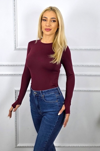 FashionForYou BASIC midi blouse, with round collar and finger slit, Burgundy