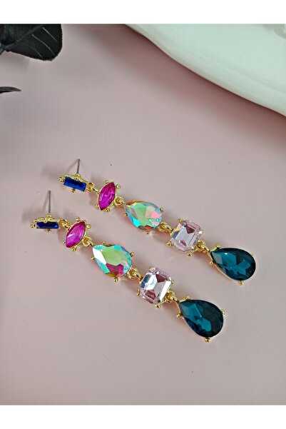 mos&more Purple Detailed Crystal Stone Dangle Earrings