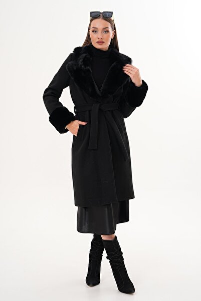 ŞİMAL Kadın Yakası Kolu Tüy Detaylı Kaşe Kaban 255395 -