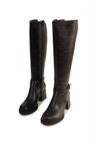 Eray Kadın siyah esnek konç detaylı kalın topuklu çizme