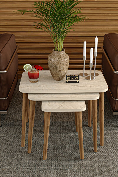 GOLDFALEZ Zigon Sehpa Ahşap KR Torna Ayak 3'lü Traverten