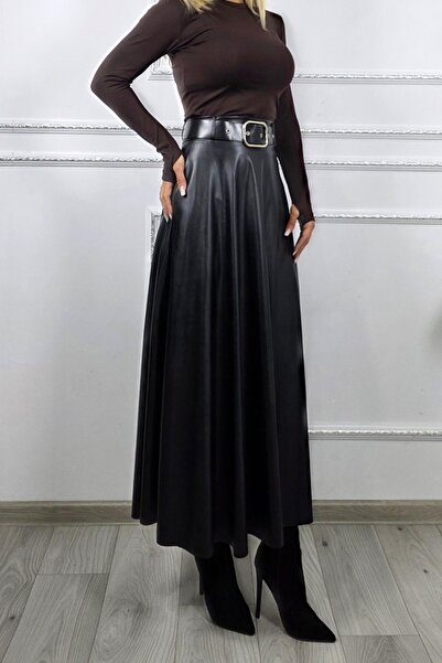 FashionForYou Marilena elegant long skirt, made of -leather and belt, Black