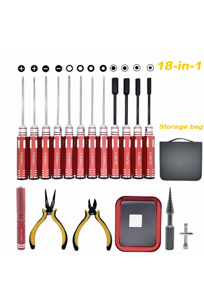 Choice مجموعة أدوات RC حمراء مكونة من 18 قطعة، مفك براغي، كماشة، مقبس، مفتاح ...