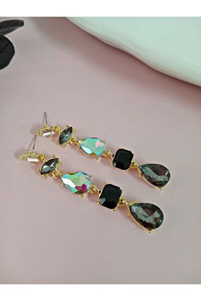 mos&more Black Anthracite Detailed Crystal Stone Dangle Earrings