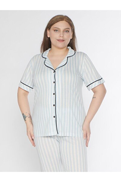 Alperi طقم بيجامة رجالي بأكمام قصيرة مخططة بمقاس كبير مع أزرار B780-26