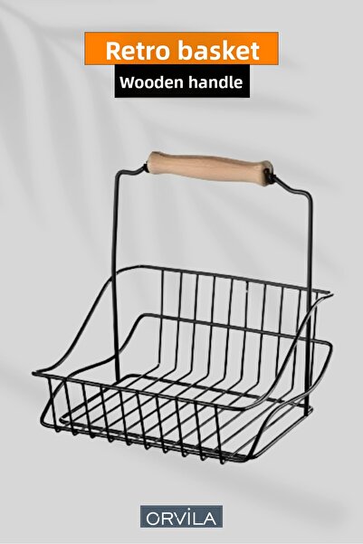 Orvila Μαύρο Μεταλλικό Καλάθι Κουζίνας - 20x20 cm, Ξύλινη Λαβή
