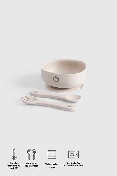 Little Gusto Silicone Vacuum Beige Food Plate and Fork Spoon Set