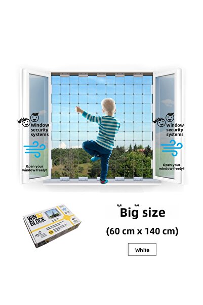 WINBLOCK 60x140 cm Large Size Children's Window Steel Safety Net - New Generation Guardrail - White Profile