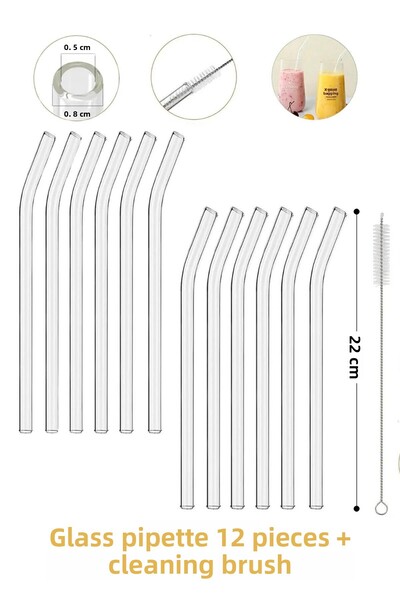 PİNK DESİGN KİTCHEN 12-Piece Thick Glass Straws and Thermosilicate Brush - Heat Resistant