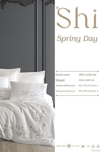 shi Springday 100% Cotton Satin Embroidered Duvet Cover Set | Double | 6 Pieces | Boxed Dowry Set