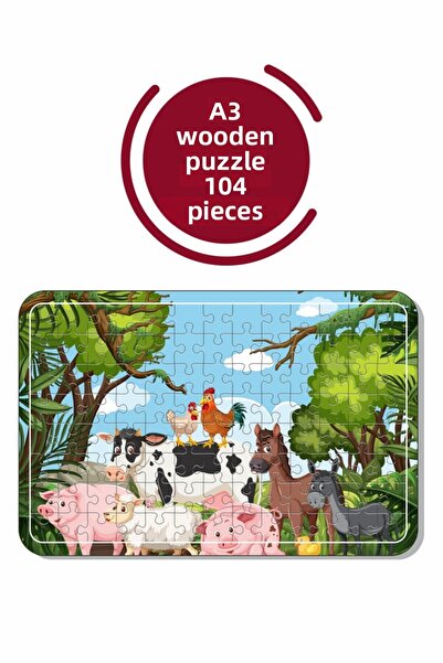 Baskı Atölyesi لغز خشبي لطيف للحيوانات مقاس A3 مكون من 104 قطعة