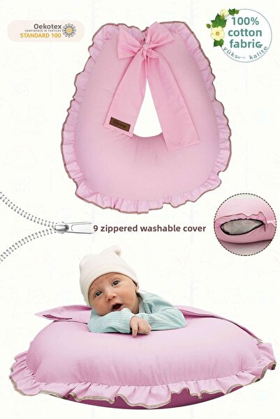 mordesign Pink Cotton Fabric Ruffle Pillow - Breastfeeding Pillow with Baby a...