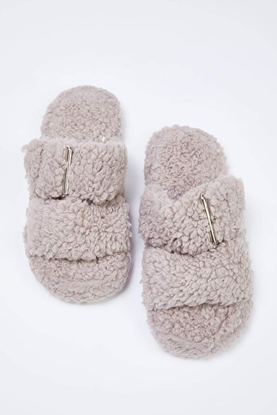 TRENDYOL SHOES Mink Double Band Detailed Teddy Women's House Slippers Takaw26Er00012