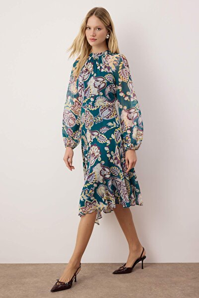 Trendyol Collection Green-Multicolored Midi Chiffon Lined Woven Dress Twoaw26El00284