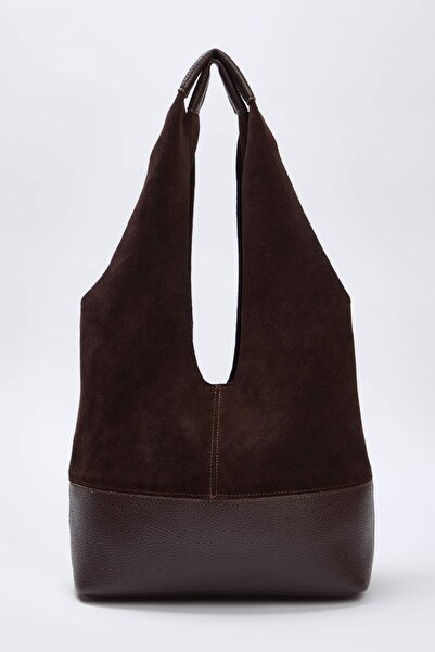 TRENDYOL SHOES Dunkelbraune Echtleder Midi Umhängetasche mit erweiterbarem Re...