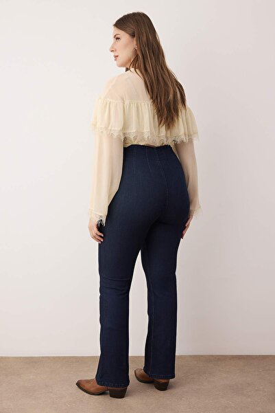 Trendyol Curve Blugi evazați cu talie înaltă, albastru închis, cu detalii de cusături, cu picioare spaniole, mărime mare TBBAW26CJ00024