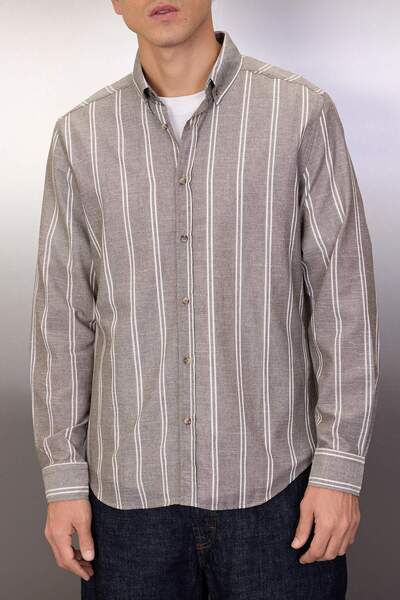Trendyol Collection Khaki Pinstripe Slim Fit Shirt - Button Collar TMNSS20GO0092