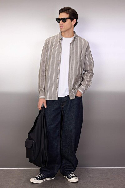 Trendyol Collection Πουκάμισο Khaki Pinstripe Slim Fit - Κολάρο με κουμπιά TMNSS20GO0092