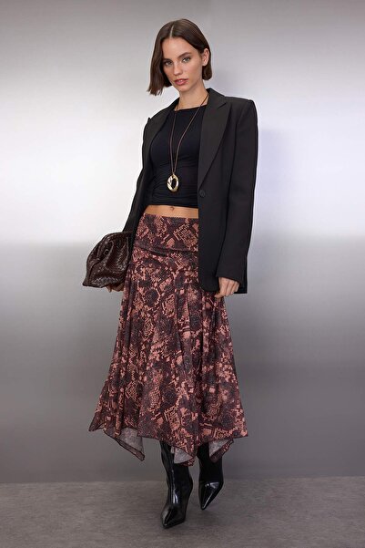 Trendyol Collection Бордовий бохо-принт, асиметричний поділ, деталізована еластична спідниця TWOAW26ET00037