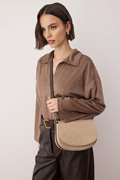 TRENDYOL SHOES Beige Suede Double Strap Women's City Bag Takaw26Oc00032