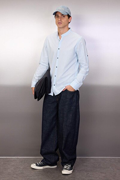 Trendyol Collection Cămașă cu mânecă lungă, slim fit, cu guler de bază albastru TMNSS20GO0188