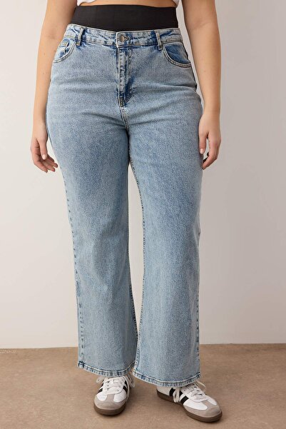 Trendyol Curve Blue High Waist Elastic Waist Big Size Wide Leg Jeans Tbbaw26Cj00029