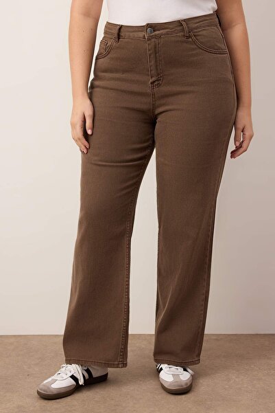 Trendyol Curve Barna, magas derekú, egyenes szabású farmer nagy méretű farmer TBBSS24CJ00051