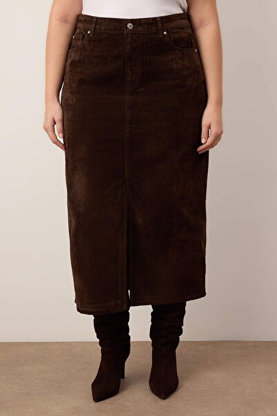Trendyol Curve Καφέ τζιν φούστα με σχισμή σε στυλ σουέντ μεγάλου μεγέθους TBBAW26AZ00036