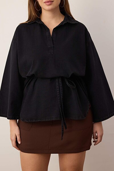 Trendyol Curve Anthracite Oversize/Loose Fit Tie-Up Plus Size Denim Shirt Tbbaw26Ax00003