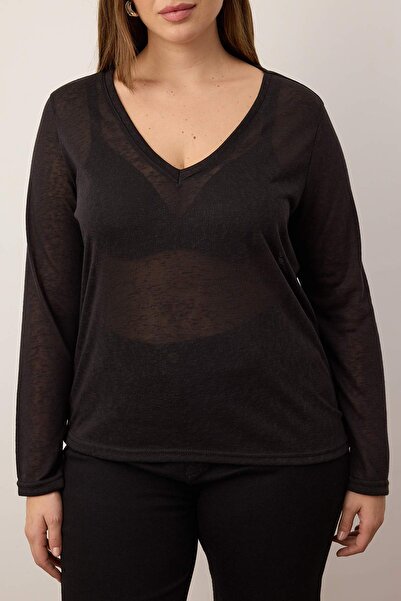 Trendyol Curve Μαύρη πλεκτή μπλούζα με φλάμερ μεγάλου μεγέθους TBBAW26AF00054