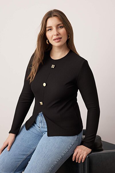 Trendyol Curve Black Accessory Button Long Sleeve Ribbed Knitted Plus Size Blouse Tbbaw26Af00078