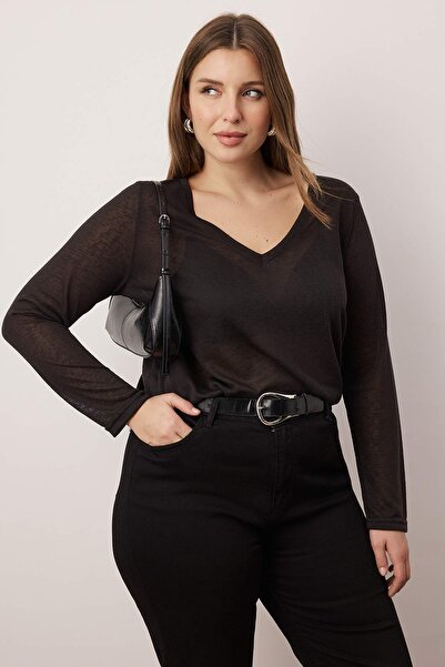 Trendyol Curve Black Flamed Single Jersey Knitted Plus Size Blouse