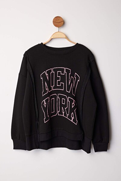 Trendyol Curve Black State Printed Oversize/Loose Fit Plus Size Sweasthirt Tbbaw26Ao00014
