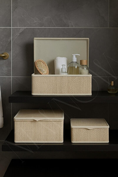 NEWNOW SoftLines Κουτιά οργάνωσης μπάνιου και εσωτερικού χώρου με καπάκι από μπαμπού Σετ 3 τεμαχίων Μπεζ