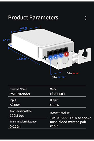 Choice Hi-AT13FL Hisource 4 منافذ IP55 مقاوم للماء POE مكرر 100/1000 ميجابت في الثانية 1 إلى 3 مفتاح شبكة PoE ممتد
